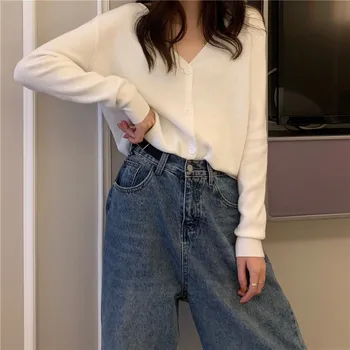 

Women Autumn Button Front Crop Knitted Top V-neck Ribbed Knit Cardigans Crop Knitted Soft Sweater For Women