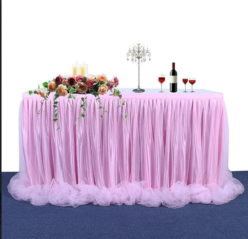 Розовый Table Skirt Tulle Cover Birthday Wedding Festive Party Decor For Weddings Celebrations Parties Events White Pink Blue - Цвет: Розовый
