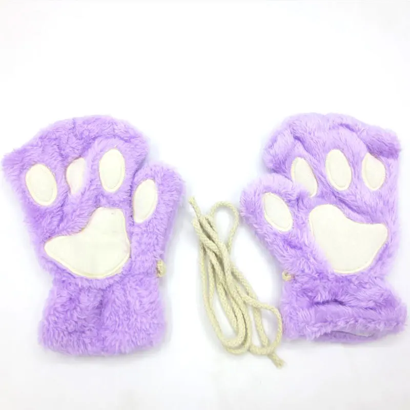 1 Pair Women Girls Fluffy Glove Bear Cat Plush Paw Claw Half Finger Gloves Mitten Winter Warm Fingerless Gloves - Color: 1