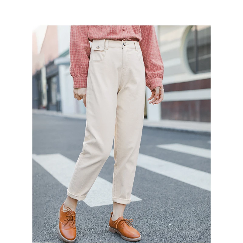 

INMAN 2020 Spring New Arrival Literary Retro Solid Medium High Waist Slim Women Long Tapered Pants