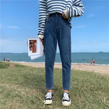 

HziriP Fashion Denim Carrot Pants High Waist Slimming Straight Loose Simple Casual All Match Jeans Solid Blue Denim Trousers