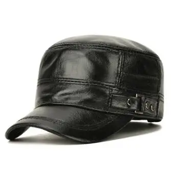 SHALUOTAOTAO Men's Flat Cap Fashion Warm Ear Protectors Genuine Leather Hat Adjustable Size Brands Cowhide Military Hats Winter - Цвет: Black