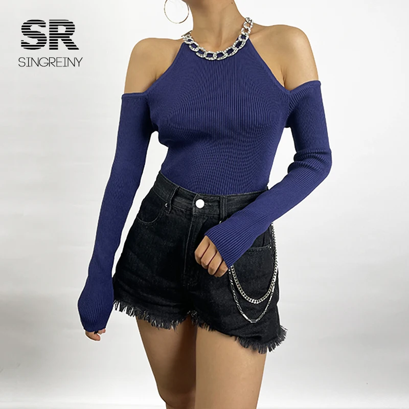 cardigan sweater SINGREINY 2021 Autumn knitted Sweater Women Long Sleeves Basic Knit Tops Off the Shoulder Sexy Pullovers Chain Diamond Sweaters red sweater