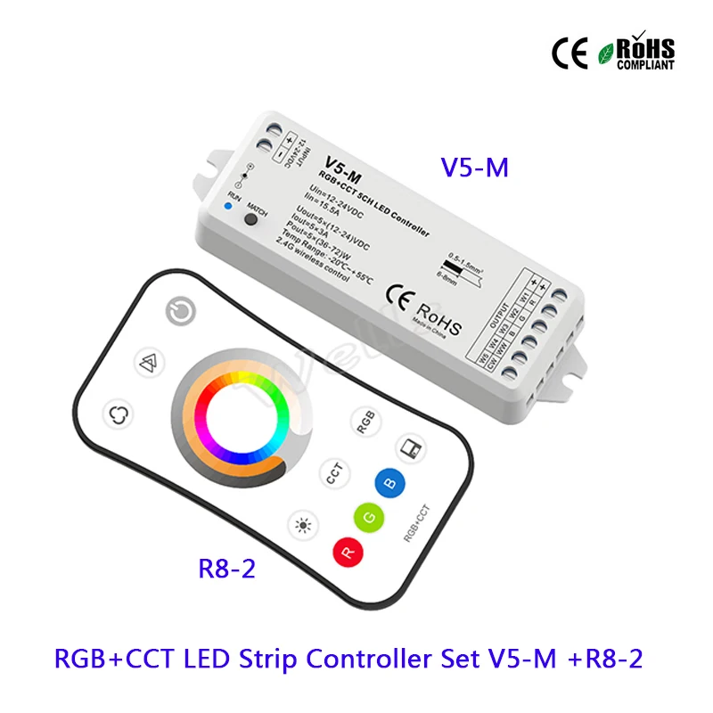 

V5-M RGB+CCT 5CH LED Controller DC12-24V 15A led Receiver;R8-2 RGB+CCT 2.4G remote LED Strip Controller for led strip light