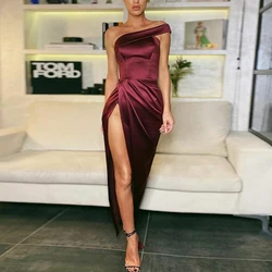 Simple Style One Shoulder Satin Cocktail Dresses High Slit Ankle Length Formal Party Dresses Special Occasion Dresses