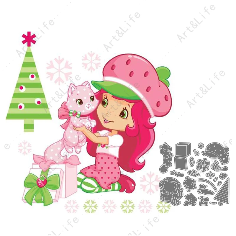 

New Metal Steel Cutting Dies Cute Strawberry Girl with Cat Stencils for Scrapbooking DIY Album Paper Cards Embossing Stamps Die