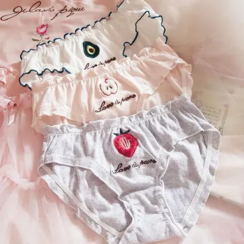 

Princess sweet lolita underwear Japanese soft cute embroidery fruit Plush strawberry avocado Apple medium waist underwear LP117