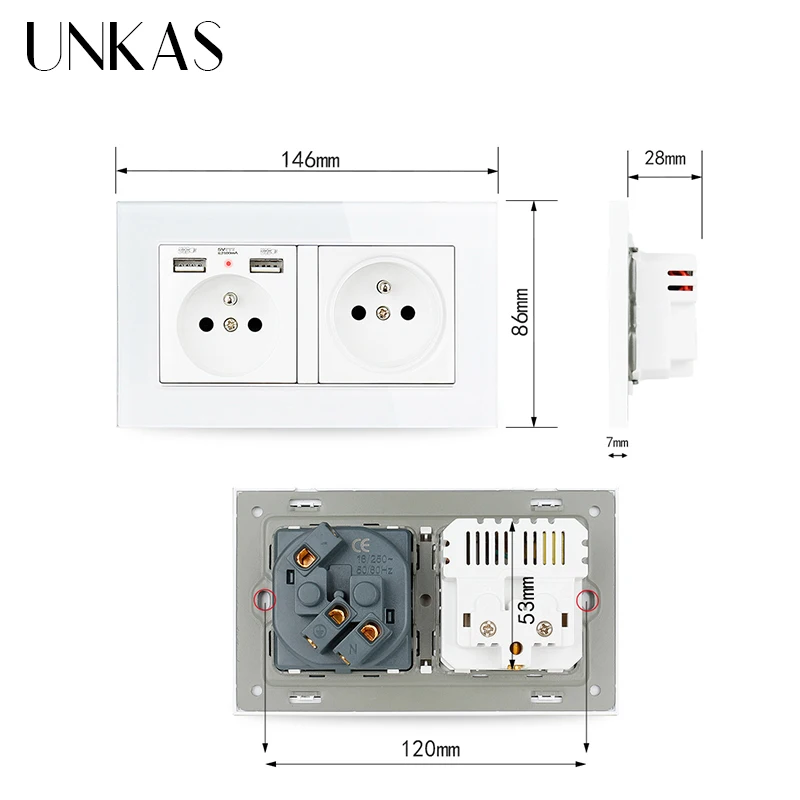 UNKAS двойная французская стандартная настенная розетка с двумя USB портами 146 мм * 86