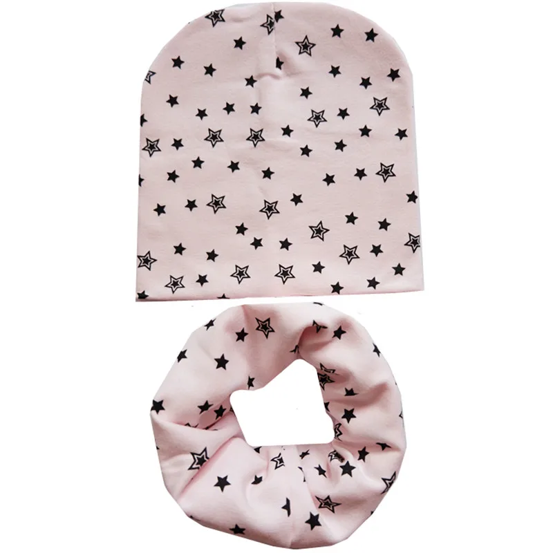 pink new star 2 шт./компл.; шапка и шарф для малышей из хлопка с мультяшными принтами на весну с принтом детские шапки шарфы для мальчиков и девочек, мягкая шапочка воротник осенний детский головной убор, комплект детской одежды - Цвет: pink new star