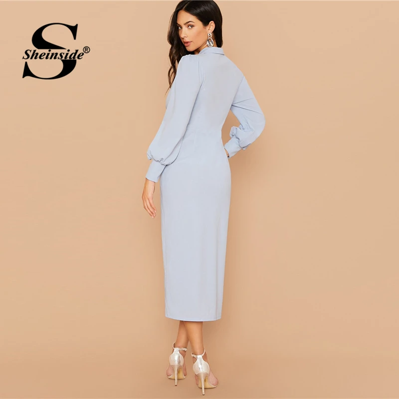 Sheinside, элегантное женское платье-карандаш с шалевым воротником, осень, на пуговицах спереди, с разрезом, платья для девушек, с рукавом Бишоп, платье с запахом