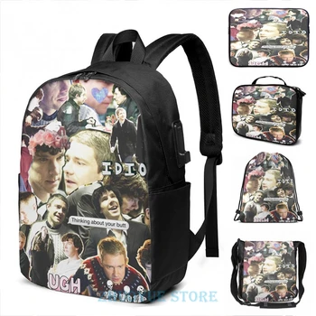 

Funny Graphic print sherlock & john USB Charge Backpack men School bags Women bag Travel laptop bag