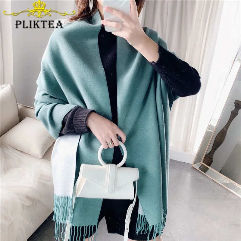 

Double Side Use 2 Colors Blue Green Cashmere Scarf Wrap Winter Female Poncho Fashion Pashmina Red Shawl Ladies Tippet Scarfs