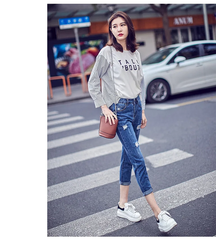 Loose Hole Jeans for Women Streetwear Fashion High Waist Washed Old Blue Ripped Holes Ankle Length Denim Pants