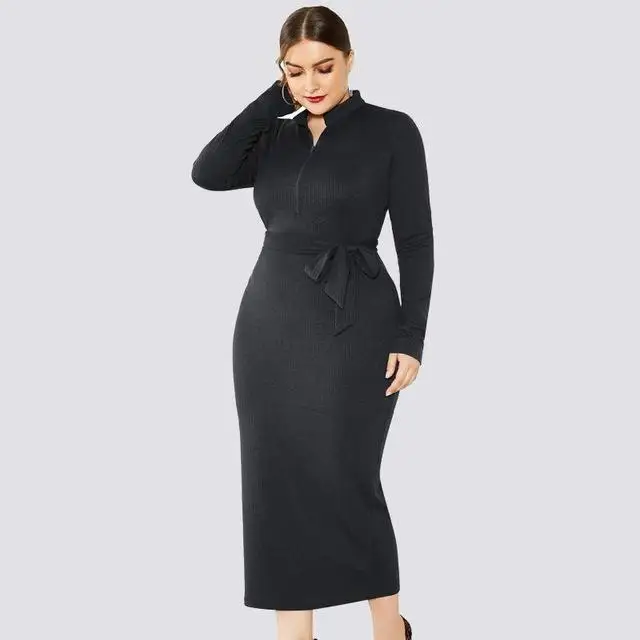 4XL 5XL осеннее женское платье-свитер большого размера зимнее повседневное облегающее длинное платье большого размера женское трикотажное платье на молнии с длинным рукавом - Цвет: Черный
