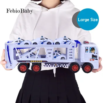 

Large Size Children double-deck Police Rescue trailer Truck Kit with 5pcs Small Car Inertial Baby boys plastic Toy Vehicle Model