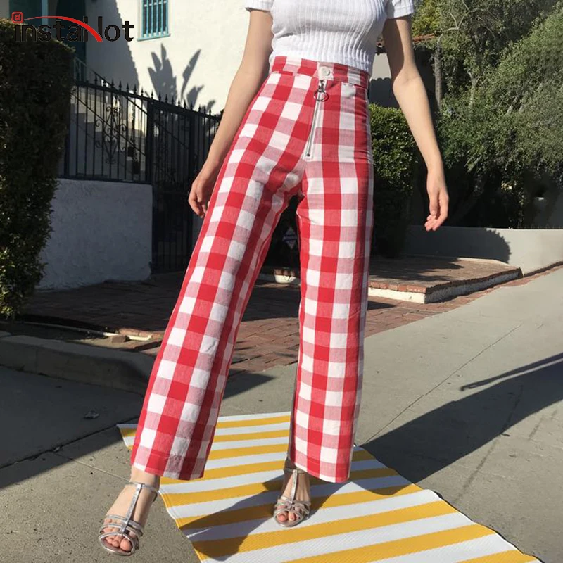 

InstaHot Red Blue Plaid Wid Leg Pants Ankle Length Women Loose Pants 2019 Autumn Spring Casual Streetwear Fashion Femme Trousers