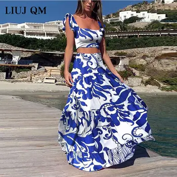 

Summer 2 Piece Set Women Printed Boho Sexy Beach Dresses Set Crop Top + High Waist Long Skirt Set Plus Size Maxi Matching Sets