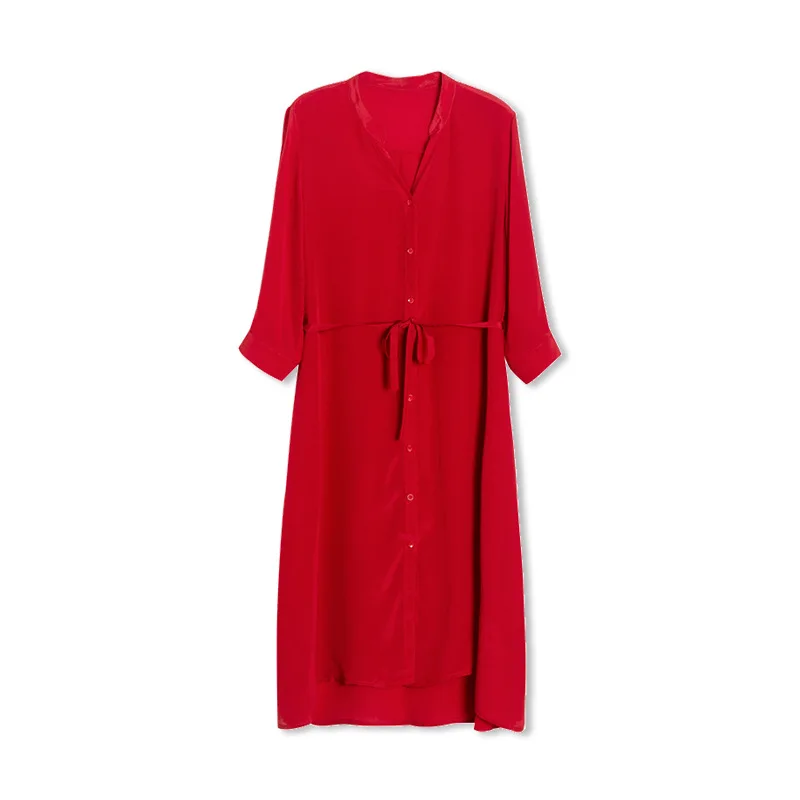 Red Skirt Silk Dress Mulberry Silk High-waisted V-neck Waist Hugging Three-quarter-length Sleeve Long Skirts Shirt Dress Summer Red Skirt Silk Dress Mulberry Silk High-waisted V-neck Waist Hugging Three-quarter-length Sleeve Long Skirts Shirt Dress Summer