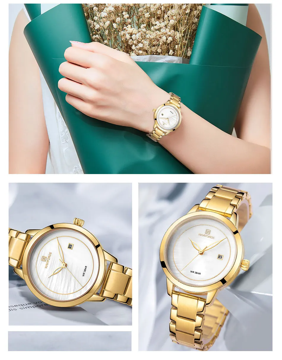 Роскошные брендовые NAVIFORCE часы из розового золота для женщин, кварцевые наручные часы, модные женские часы с браслетом, женские часы