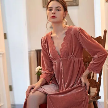 

Phoentin Women's nightgown Autumn V-neck long-sleeve lace dress Vintage velvet Sleepwear Elegant Lady Romantic nightdress FG210