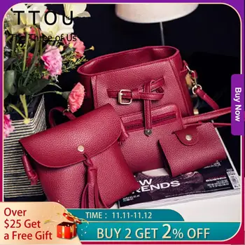 

TTOU 4 Pieces One Set Composite Bag Fashion Bucket Bag for Women Tassel Shoulder Messenger Bag Casual Women Handbag