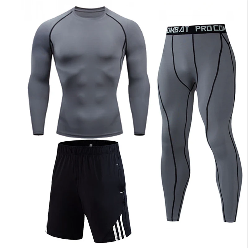 Мужской спортивный костюм для спортзала, набор бегунов, быстросохнущая футболка для бега, мужские леггинсы, шорты для фитнеса, занятий спортом, термобелье для бега - Цвет: 3-piece set
