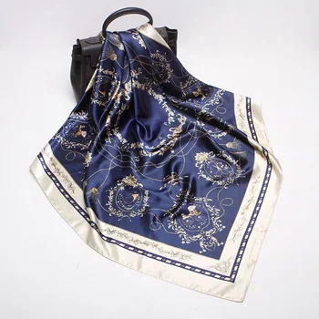 

90X90cm Women's Carriage Printed Scarf Large Square Elegant Fashion Shawl Navy Blue Retro Headscarf Female 2020 Spring Summer