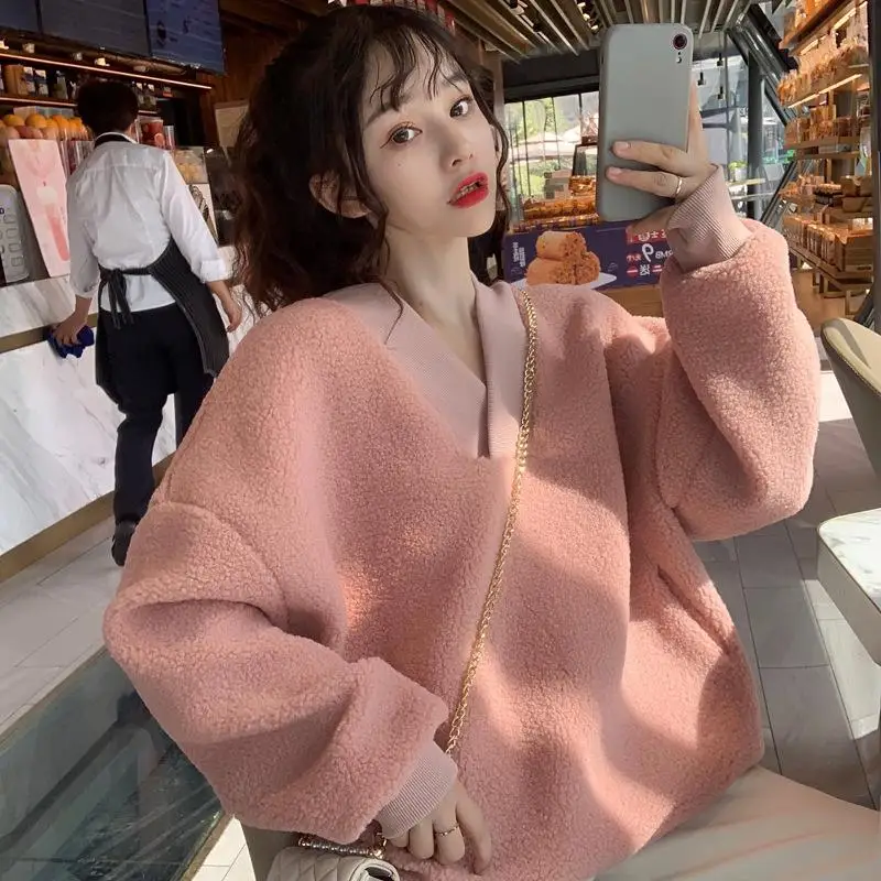 Женская флисовая толстовка с длинным рукавом, теплая пушистая толстовка с капюшоном, пуловер с v-образным вырезом, женские толстовки с капюшоном, женское повседневное пальто