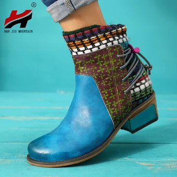 

NAN JIU MOUNTAIN 2020 Autumn And Winter Women's Mid-Heel Boots Stitching Ankle Boots Nationality Wind Straps Round Head Retro