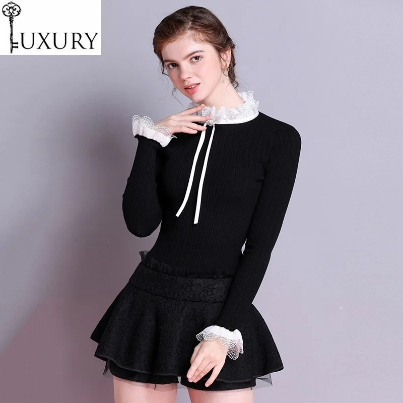 Fashion Winter 2020 Autumn Sweater Pullovers Women Ruffled Collar High Quality Knitting Long Sleeve Casual Black Pink Jumpers | Женская