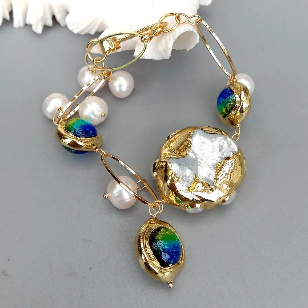 KKGEM pulsera punk de cadena chapada en oro y cristal de Murano azul, Perla blanca Keshi, 30mm, brazaletes| -