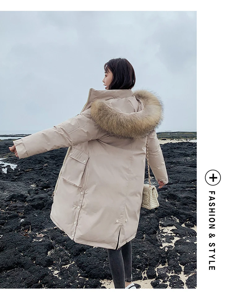 Down Jacket Cotton-padded Clothes WOMEN'S Dress Winter Mid-length over-the-Knee Large Fur Collar INS Loose Thick Online Celebrit