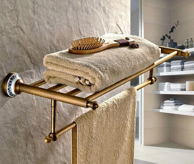 Vintage Retro Antique Brass Hotel Bathroom Hardware Wall Mounted Towel Rack  Storage Shelf Two Tier Rail Bar Holder Dba411