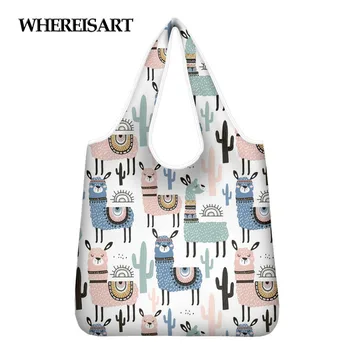 

WHEREISART Printing Alpaca Foldable Eco-Friendly Shopping Bag Tote Folding Handbags Convenient Large-capacity for Travel Groce