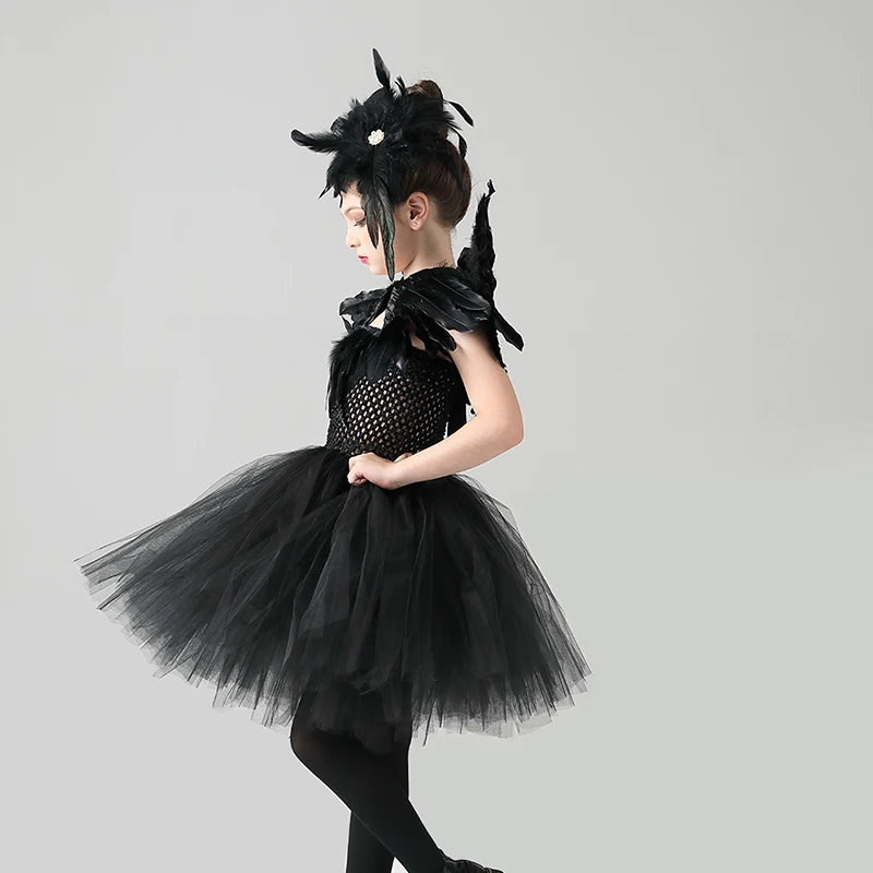 Black Swan Grils Tutu Dress with Feather Wing and Hair Clip Evil Queen Kids Halloween Carnival Party Costume Ballet Tutu Dress (5)