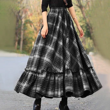 

Women Plaid Skirt 2020 Autumn Winter Retro High Waist Pleated Skirt Women Casual Maxi Skirt Female Flare Plaid Long Skirts