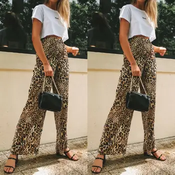 

Ladies Bell Bottom Flared Hem Trousers Women's High Waist Leopard Pants Legging