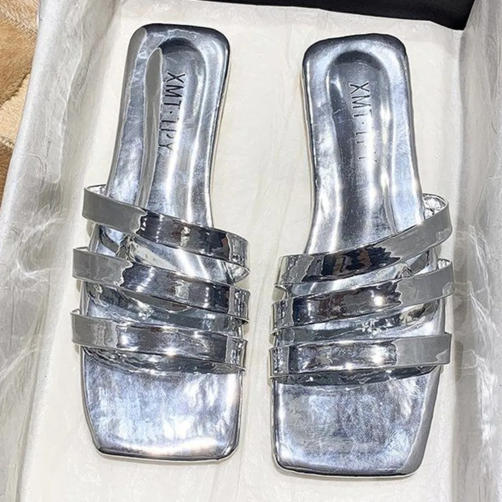 

Summer Woman Shoes Open Toe Beach Flat Slippers Buckle Strap Platform Roman Sandals Flip Flops Gold Silver