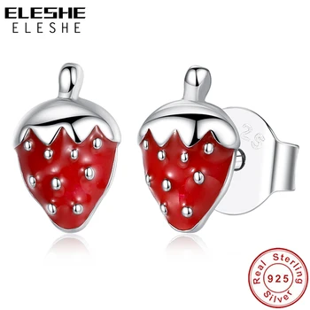 

ELESHE 100% 925 Sterling Silver Stud Earrings for Women Girls Red Enamel Cute Strawberry Kids Earrings Fashion Jewelry Brinco