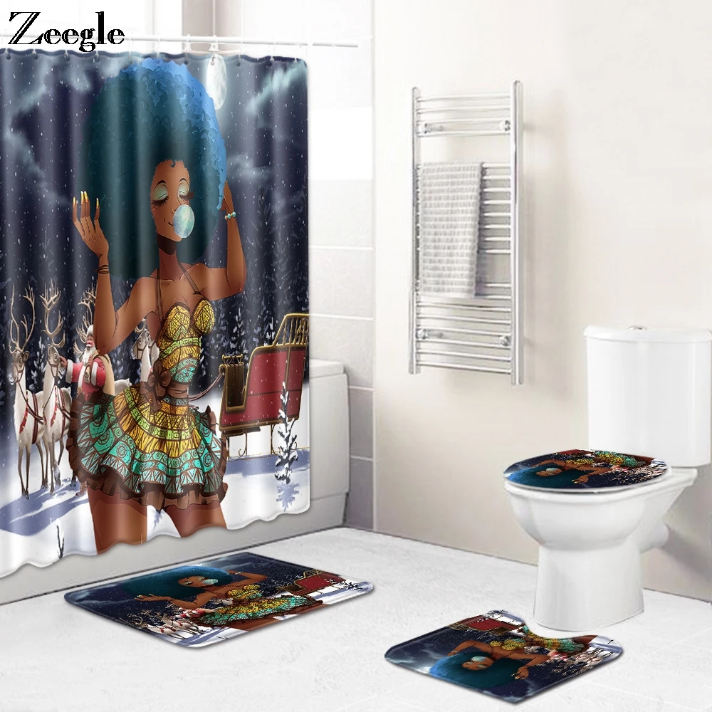 Bathroom Curtain 4pcs Toilet Mat Set Anti-slip Bathroom Doormat Shower Mat Soft Toilet Cover Seat Mat Absorbent Toilet Foot Rug