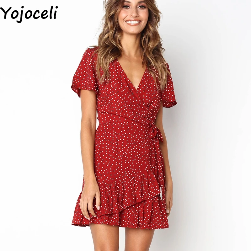Элегантное короткое платье Yojoceli в горошек с оборками женское летнее