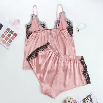 

Sexy Pajama Set Lace Satin Pyjama Set Sleeveless Pijama Set V-neck Sleepwear Summer Home Wear Sleep Wear For Women
