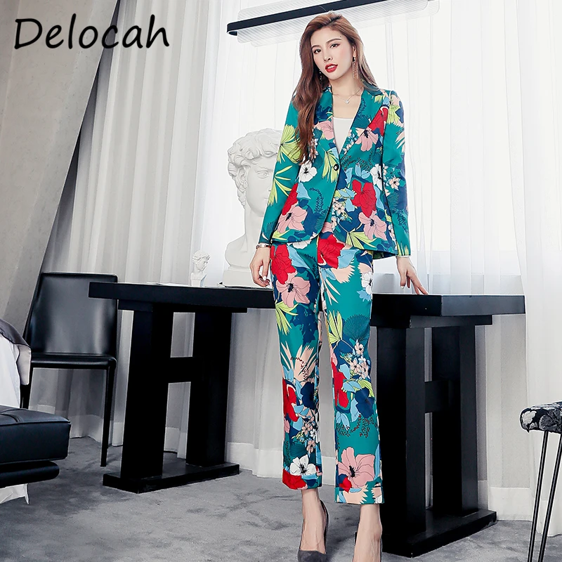 

Delocah Autumn Women Fashion Designer Pants Sets Long Sleeve Loose Blouses+High Waist Floral Print Long Pants 2 TwoÂ PiecesÂ Suits