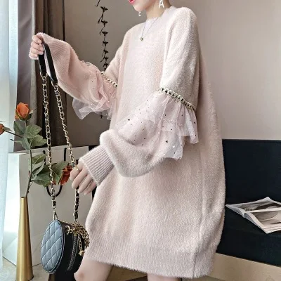 HF19495 Pink H. SA/зимние вязаные пуловеры с длинными рукавами и оборками; вязаные Джемперы; белое трикотажное платье миди; мягкие длинные свитера из мохера с кружевными вставками - Цвет: HF19495 Pink