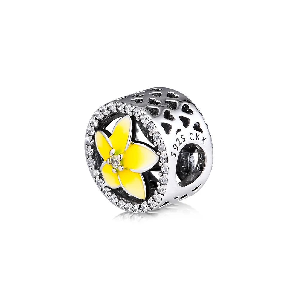 DIY подходит для браслетов Pandora Charms Цветочные бусины с бледно-желтой эмалью и CZ 925 пробы-серебро-ювелирные изделия