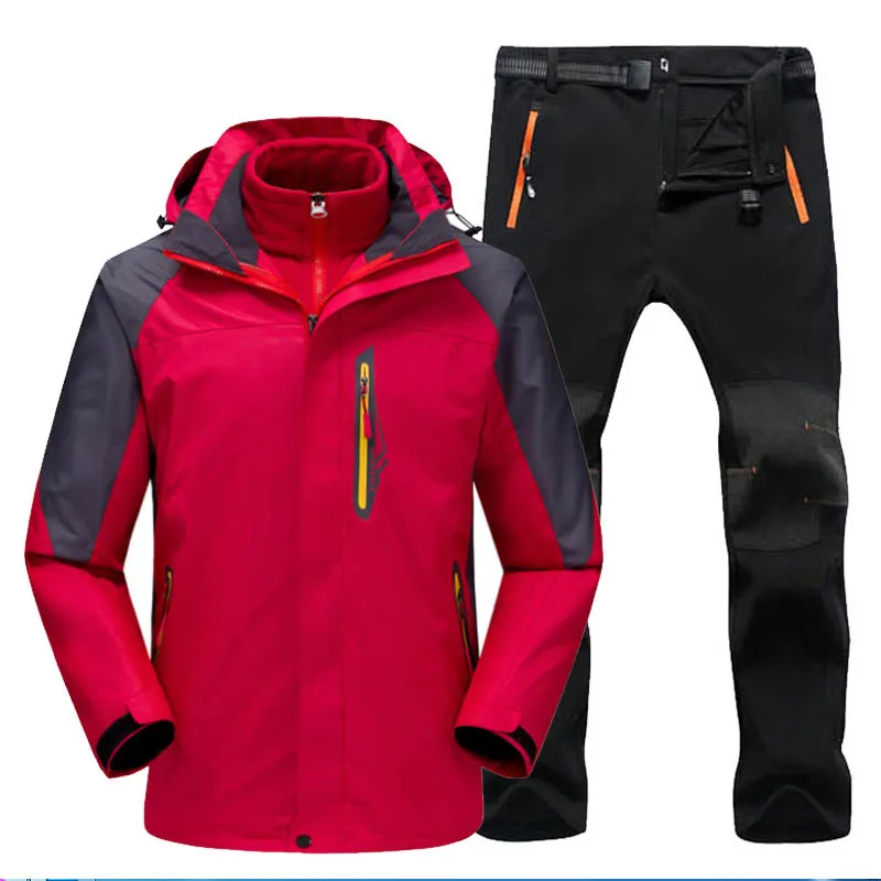 red black TRVLWEGO водонепроницаемый лыжный костюм Мужская куртка лыжные брюки для прогулок мужские зимние уличные лыжные зимние сноуборд флисовая куртка брюки наборы - Цвет: red black
