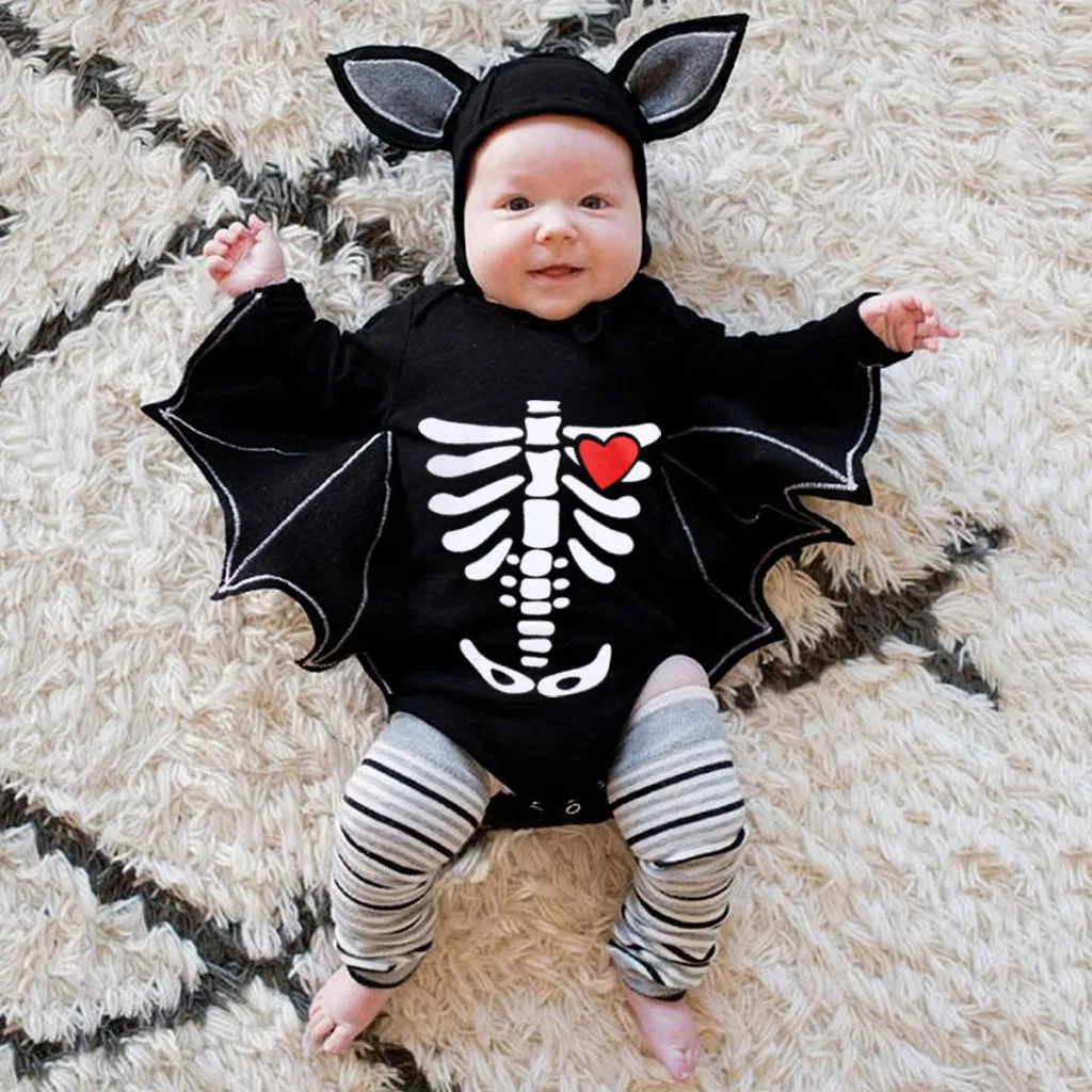 Winter Clothing-set Party-wear Clothes Newborn Baby Boys Girls Halloween Cosplay Costume Print Romper Bodysuit+Hat Outfits