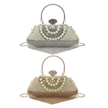 

2x Tassel Beaded Women Evening Bag Party Pearl Lady Day Clutch Purse Bag Chain Shoulder Handbags Gold & Silver
