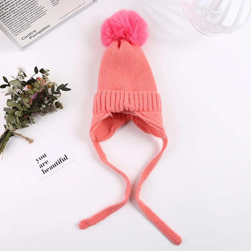 

2021 Cute Baby Bonnet Hat Warm Knitted Kids Girl Boy Autumn Winter Hat Solid Color Lacing Children Toddler Beanie Cap