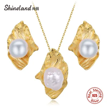 

Shineland Natural Freshwater Baroque Pearl Jewelry Set 925 Sterling Silver Punk Necklace Earring Statement Vintage Bijoux Gift